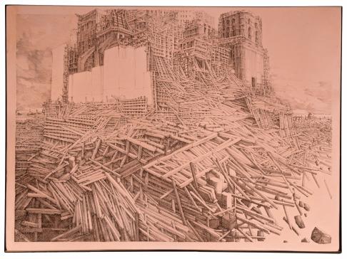 grafika autorstwa Krzysztofa Skórczewskiego przedstawiająca rozpadający się monumentalny budynek